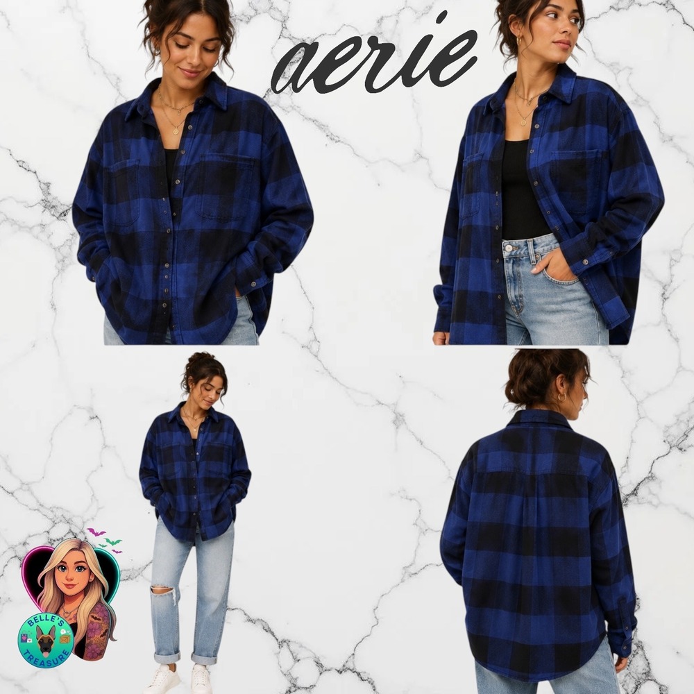 Aerie Womens Medium Blue Black Buffalo Plaid Flannel Lumber Jane Oversized NWT